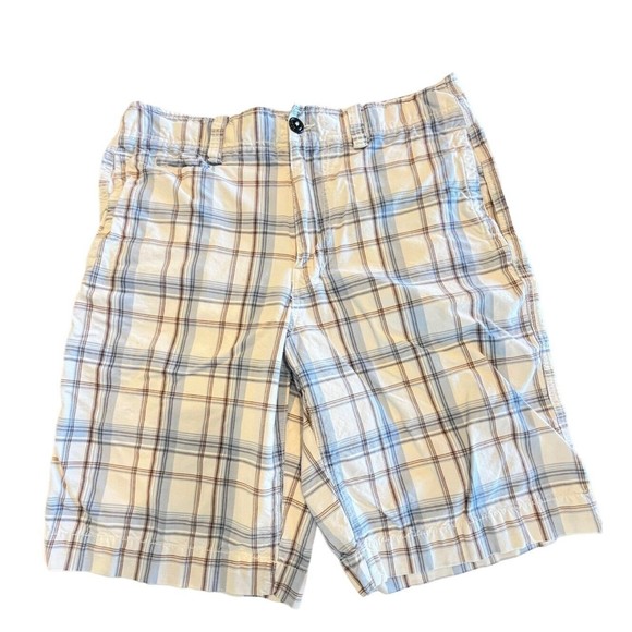 American Eagle shorts Men's Size 32 Plaid Shorts Longer Length White Blue Brown - Picture 1 of 8